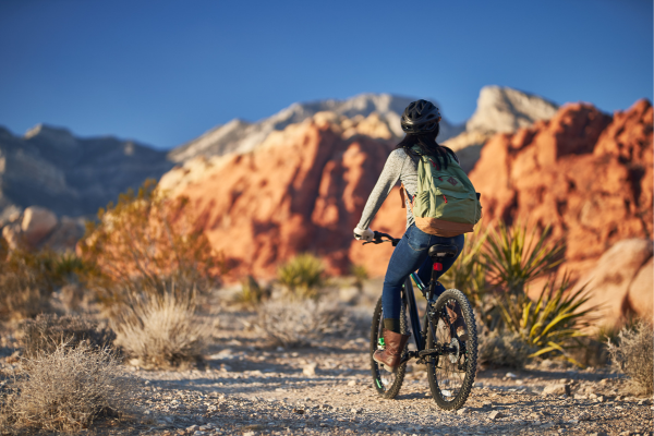 A person wearing a helmet and green backpack rides a mountain bike on a rocky trail through a desert landscape with red rock formations and sparse vegetation under a clear blue sky.